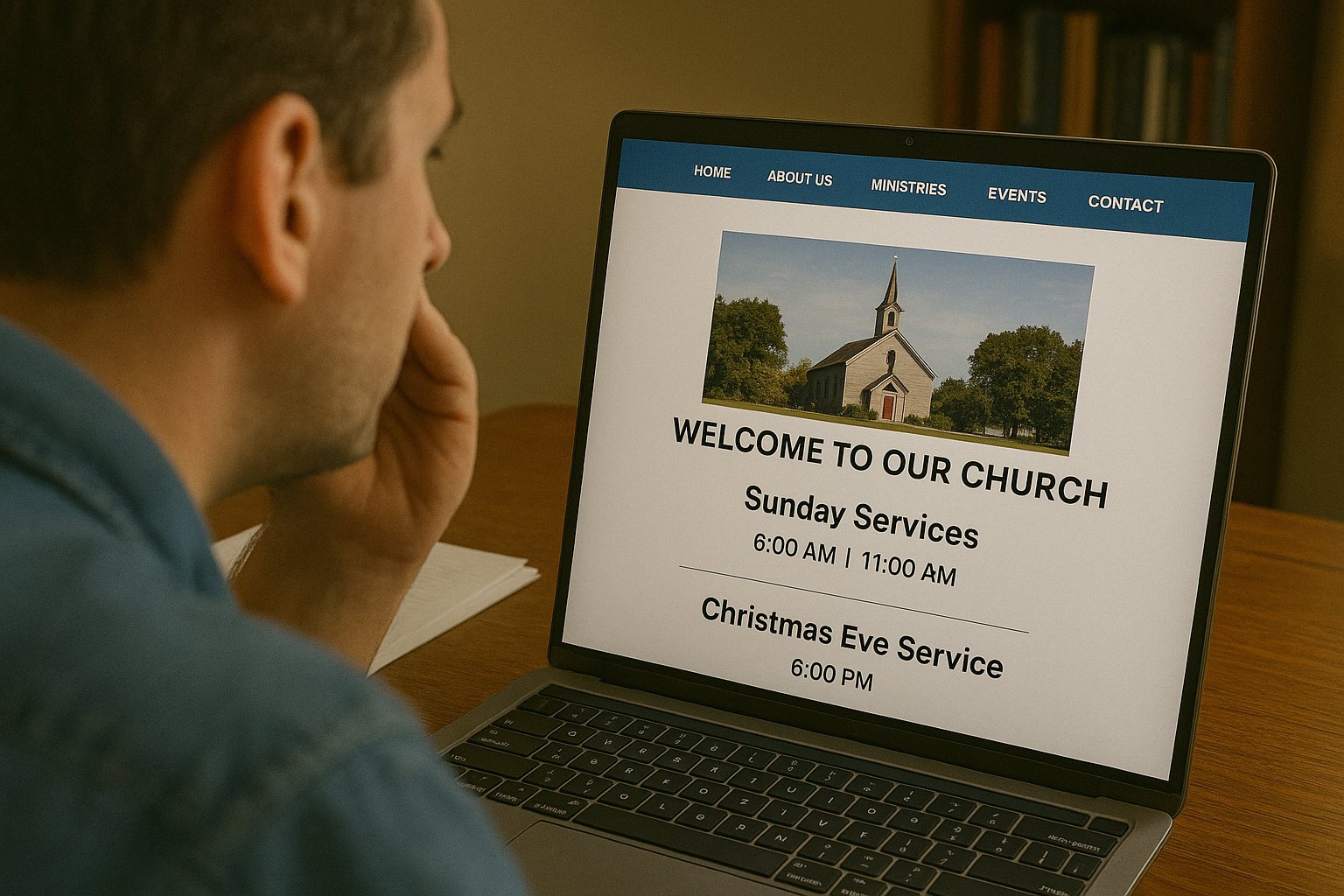 A potential new church visitor viewing a church website for information about Christmas services but not finding a Christmas-specific landing page